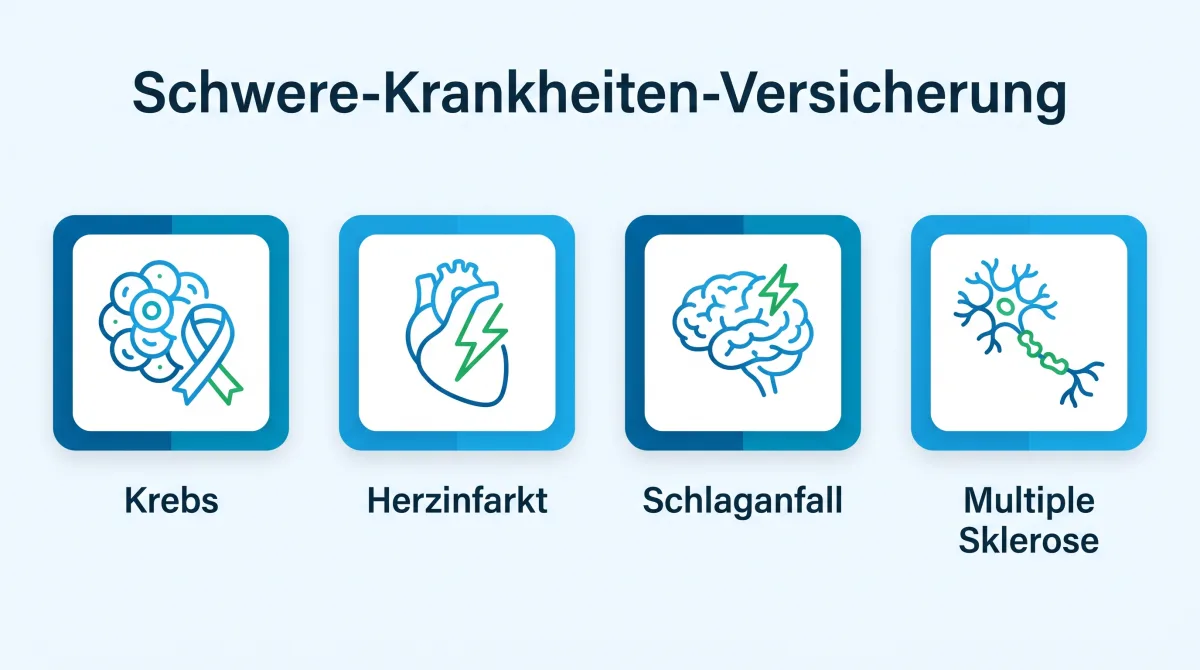 Infografik: versicherte schwere Krankheiten der Dread-Disease-Versicherung, Krebs, Herzinfarkt, Schlaganfall und weitere