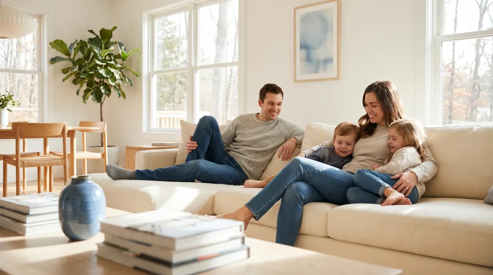 Entspannte Familie zu Hause, finanziell abgesichert durch die Berufsunfähigkeitsversicherung.