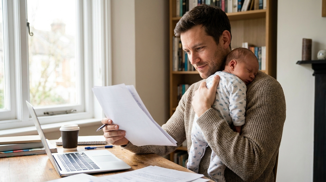 Vater hält sein neugeborenes Baby und schaut Unterlagen auf dem Schreibtisch an