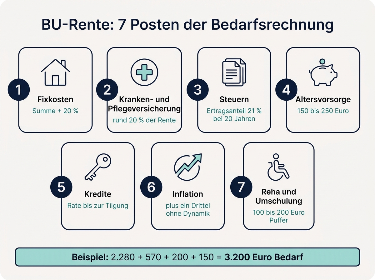 Infografik mit sieben Kostenblöcken, die die Höhe der BU-Rente bestimmen