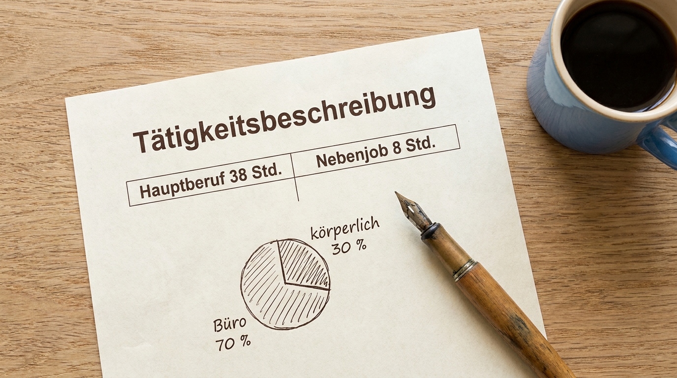 Ausgefüllte Tätigkeitsbeschreibung für den Antrag der Berufsunfähigkeitsversicherung mit Nebenjob