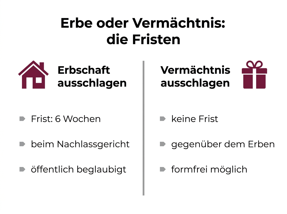 Infografik zum Vergleich der Ausschlagung von Erbschaft und Vermaechtnis mit Fristen und Form